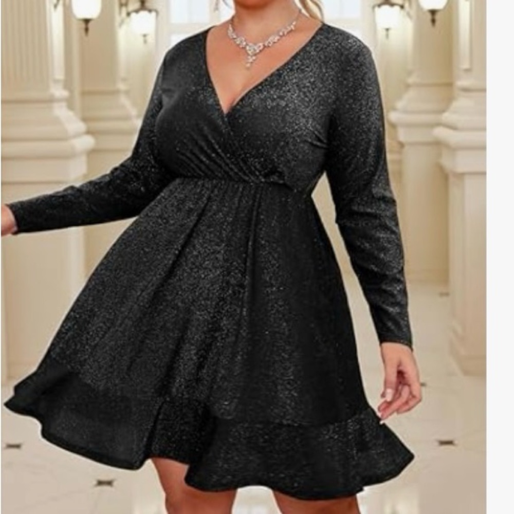 ✨ NWT IN’VOLAND Black Silver Glitter Faux Wrap Dress Plus Size 24W
